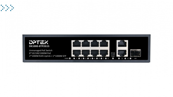Коммутатор DPTEK DK1000-8TP2G1S-W, неуправляемый, 8*10/100/1000Base-T PoE 802.3af/at + 2*10/100/1000Base-T + 1*1000Base-X SFP, WatchDog, дальность до 
